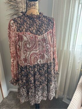 Boho Floral Paisley Tiered Long-Sleeve Dress - Red Multi